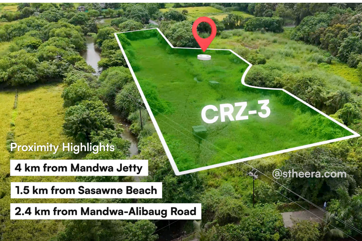 52 Guntha CRZ-3 land for sale in Sasawane, Alibaug, with proximity highlights: 4 km from Mandwa Jetty, 1.5 km from Sasawane Beach, 2.4 km from Mandwa-Alibaug Road. Stheera Properties contact: stheera.com