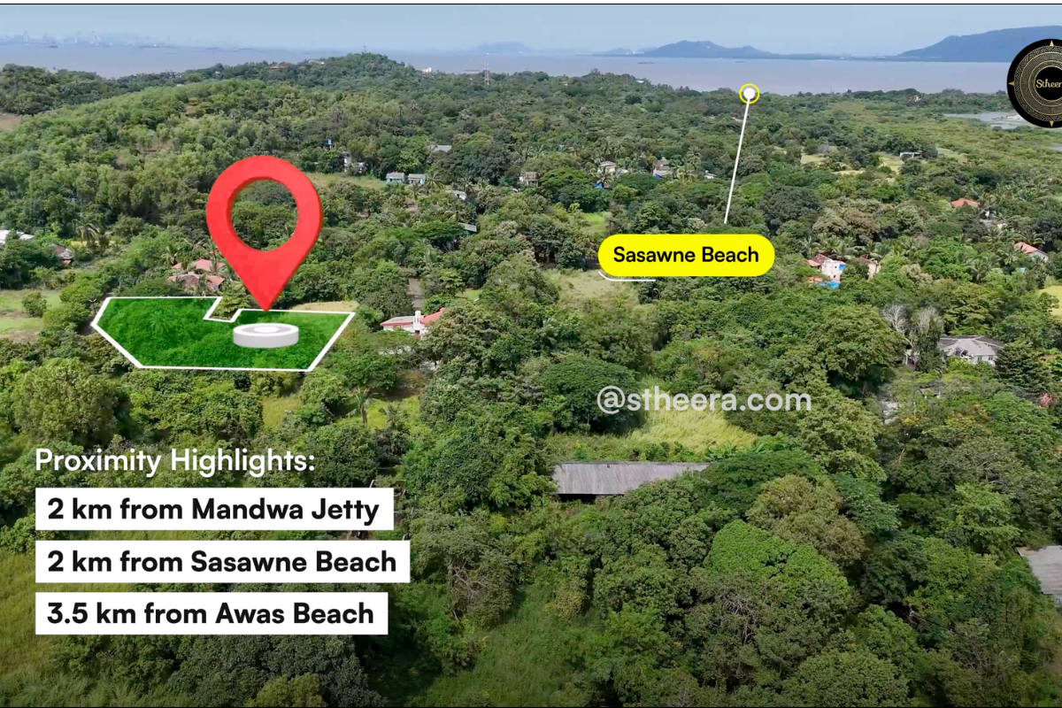 Test 15.3 Guntha land for sale in Dhokawde, Alibaug with proximity highlights: 2 km from Mandwa Jetty, 2 km from Sasawne Beach, 3.5 km from Awas Beach. Stheera Properties contact: stheera.com