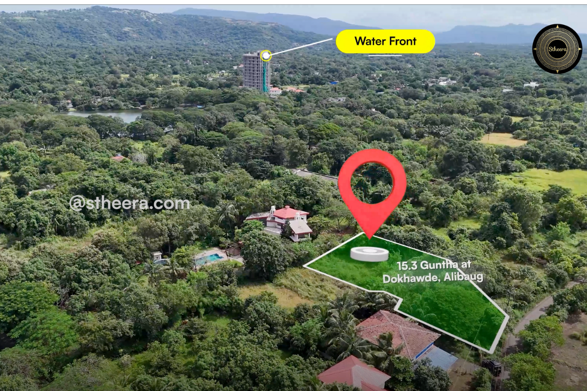 15.3 Guntha land for sale in Dhokawde, Alibaug, highlighted with a location marker, near waterfront and scenic greenery. Stheera Properties contact: stheera.com
