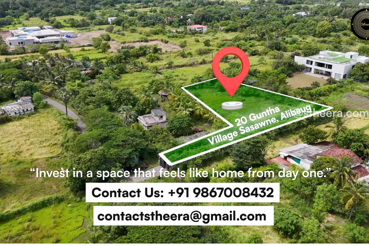 20 guntha land for sale in Village Sasawne, Alibaug with a location marker and contact information: +91 9867008432, contactstheera@gmail.com. Stheera Properties